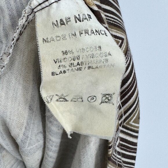 Naf Naf Womens Faux Wrap Midi Dress Size M Chevron Neutral Retro Office Stretch - Picture 8 of 9